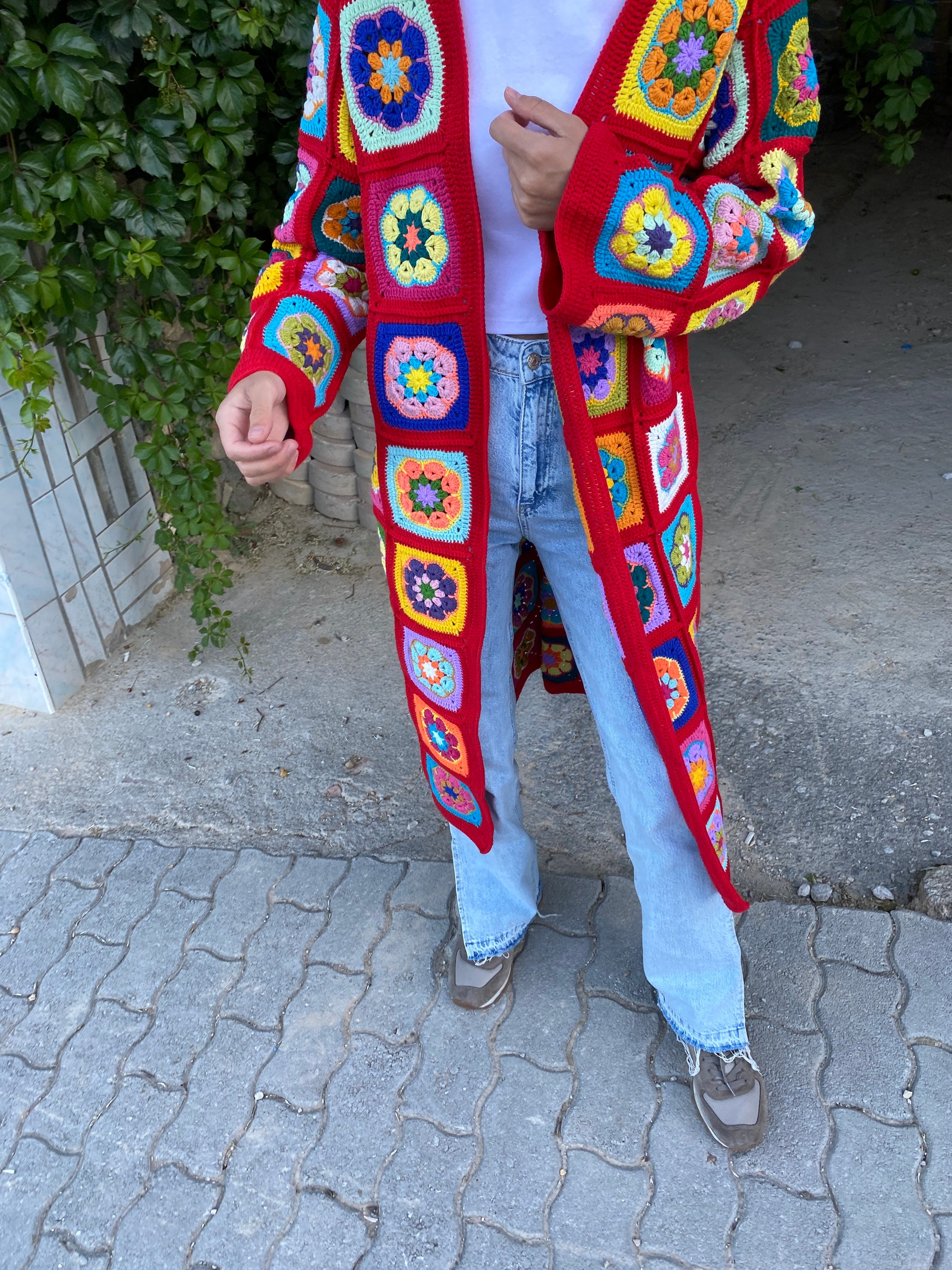 Red Granny Square Cardigan, Afghan Crochet Sweater, Hippie Cardigan, Boho Style Cardigan, Afghan ... — photo 2 of 10