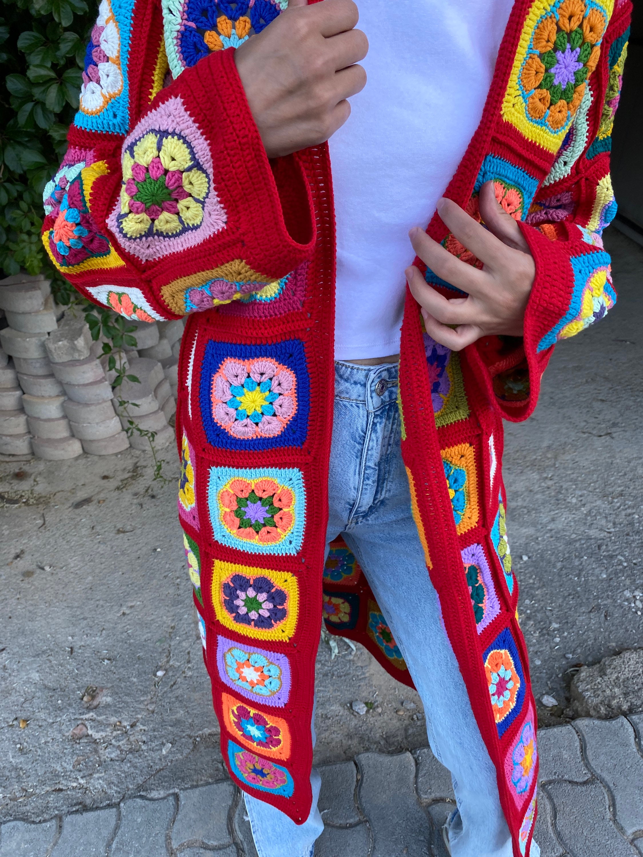 Red Granny Square Cardigan, Afghan Crochet Sweater, Hippie Cardigan, Boho Style Cardigan, Afghan Woman Coat, Patchwork Cardigan, Gift Jacket