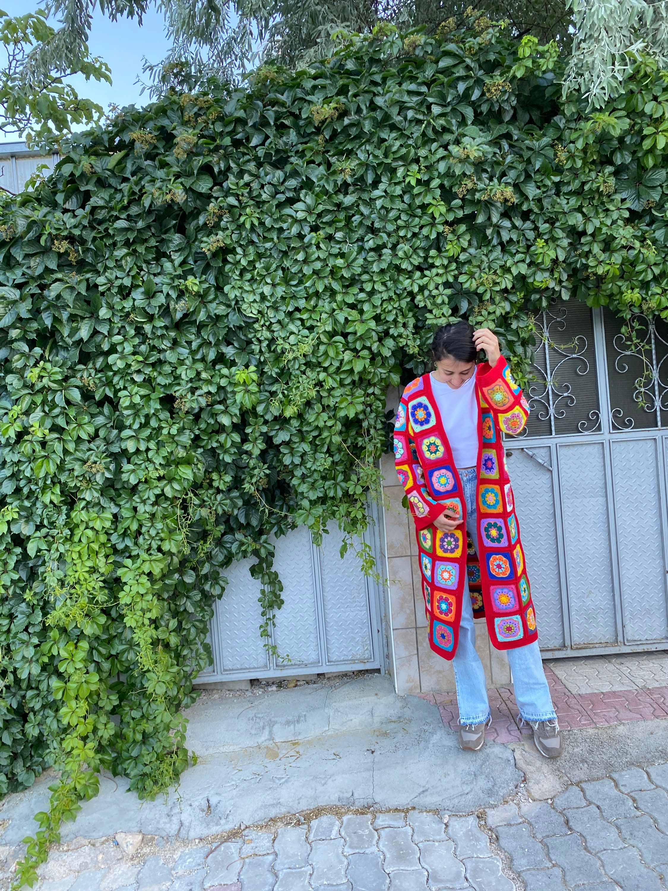 Red Granny Square Cardigan, Afghan Crochet Sweater, Hippie Cardigan, Boho Style Cardigan, Afghan ... — photo 5 of 10