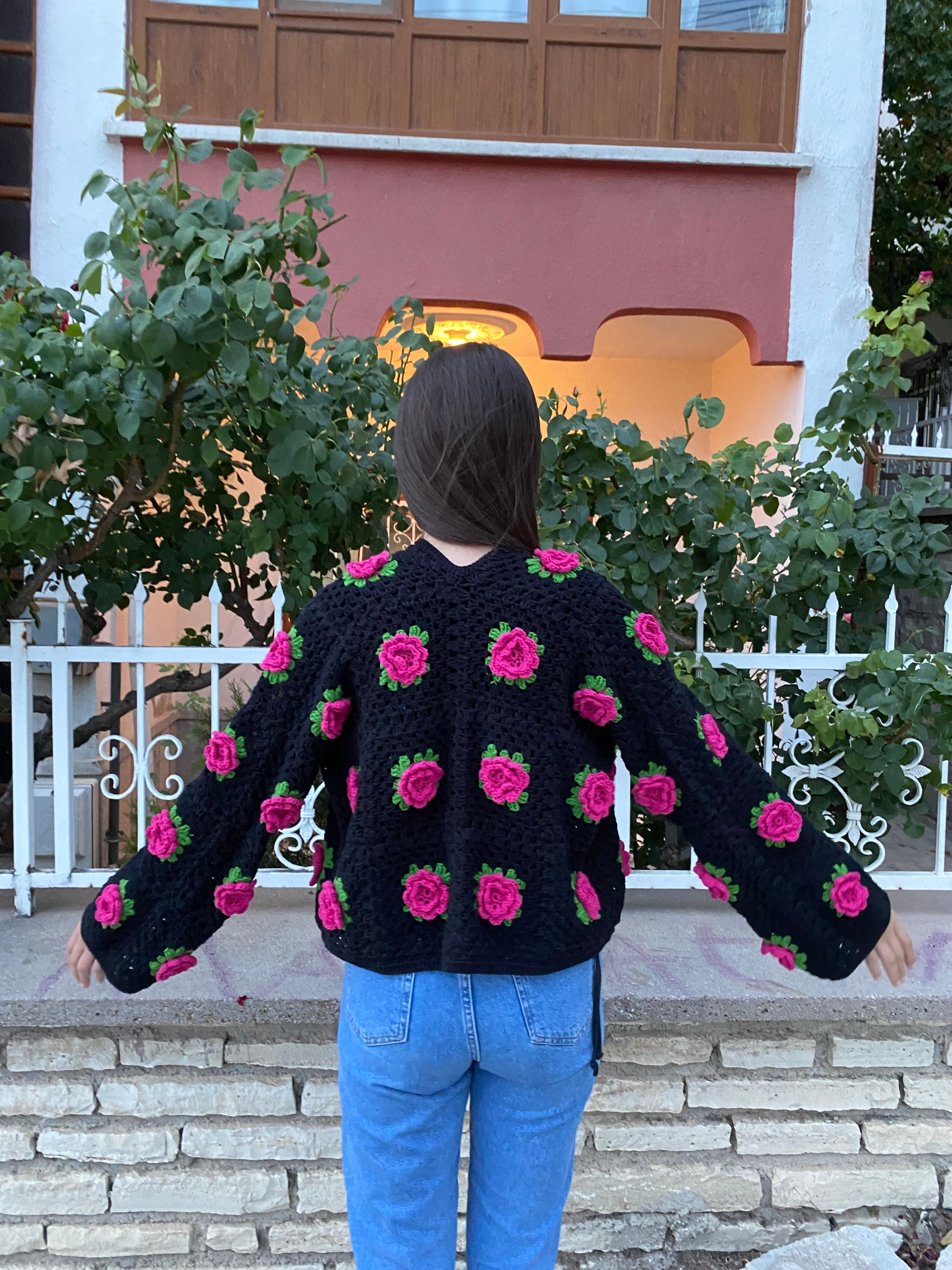 Red Rose Cardigan, Granny Square Sweater, Unique Cardigan, Floral Sweater, Crochet Rose Cardigan,... — photo 3 of 10