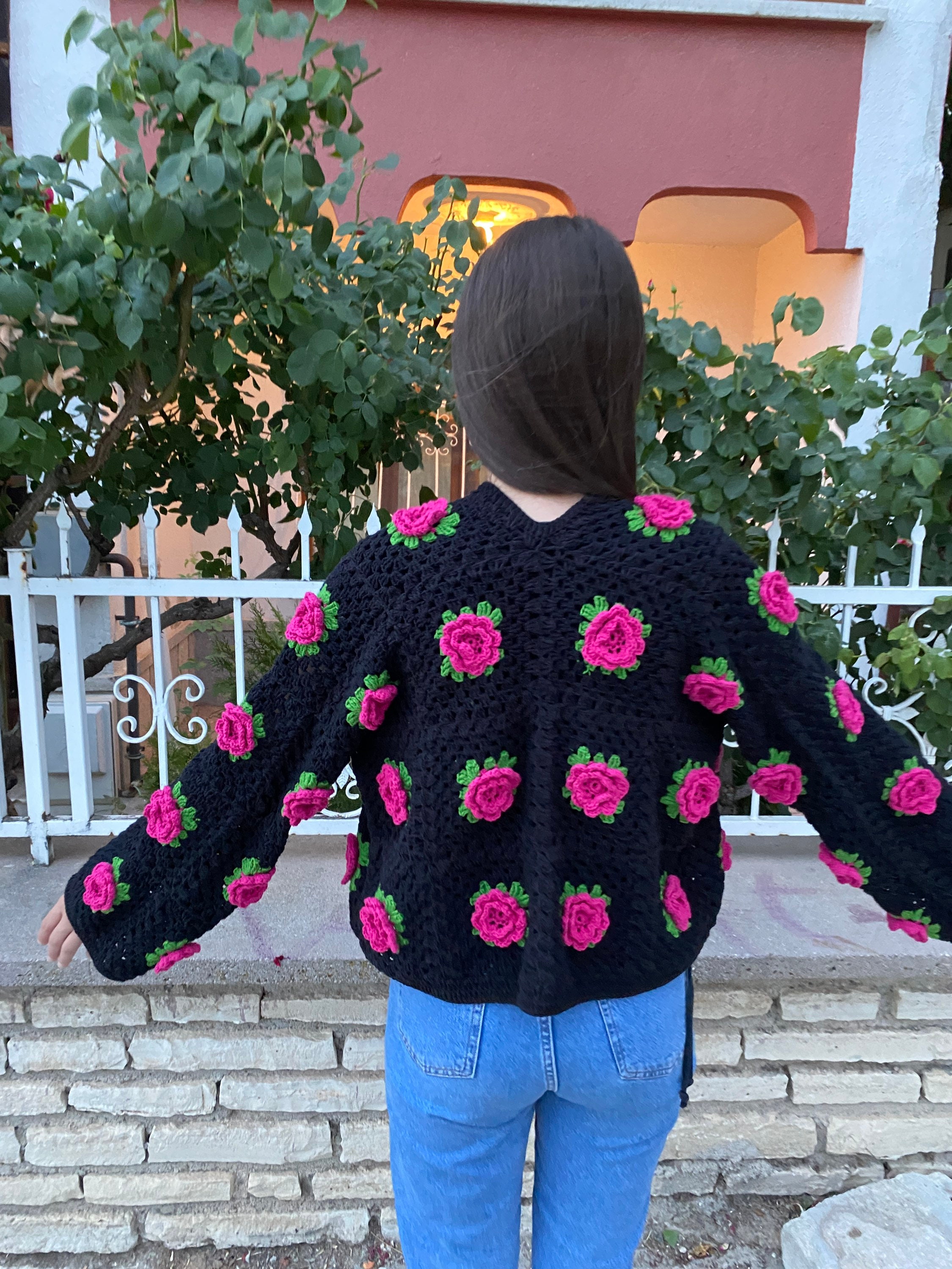 Red Rose Cardigan, Granny Square Sweater, Unique Cardigan,  Floral Sweater, Crochet Rose Cardigan, Patchwork Pullover, Rose Flower Cardigan