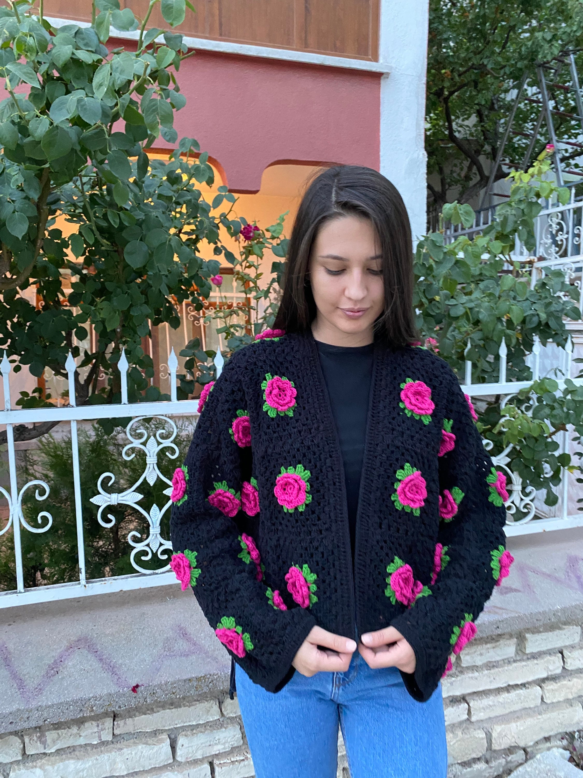 Red Rose Cardigan, Granny Square Sweater, Unique Cardigan, Floral Sweater, Crochet Rose Cardigan,... — photo 2 of 10