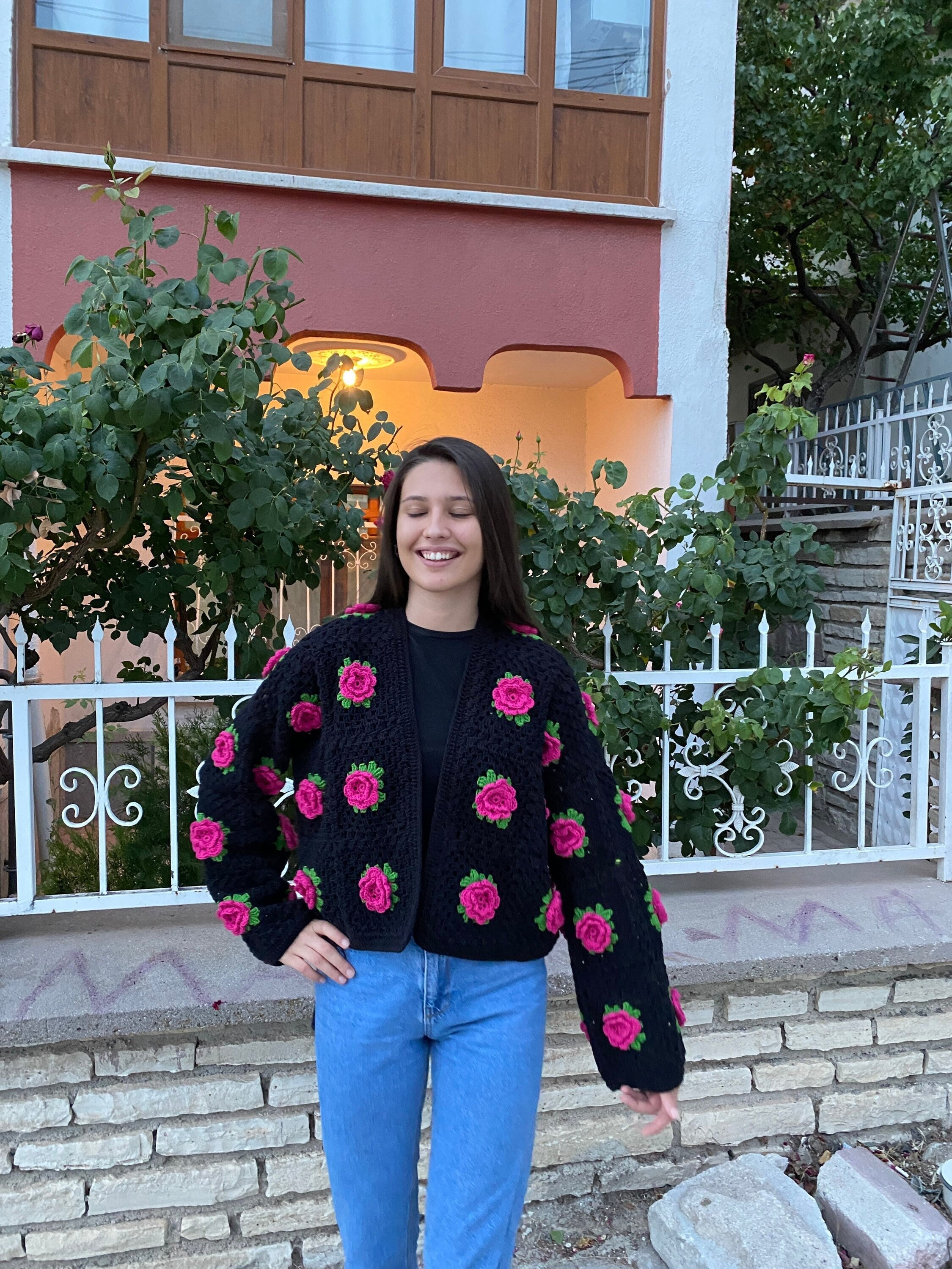 Red Rose Cardigan, Granny Square Sweater, Unique Cardigan, Floral Sweater, Crochet Rose Cardigan,... — photo 6 of 10