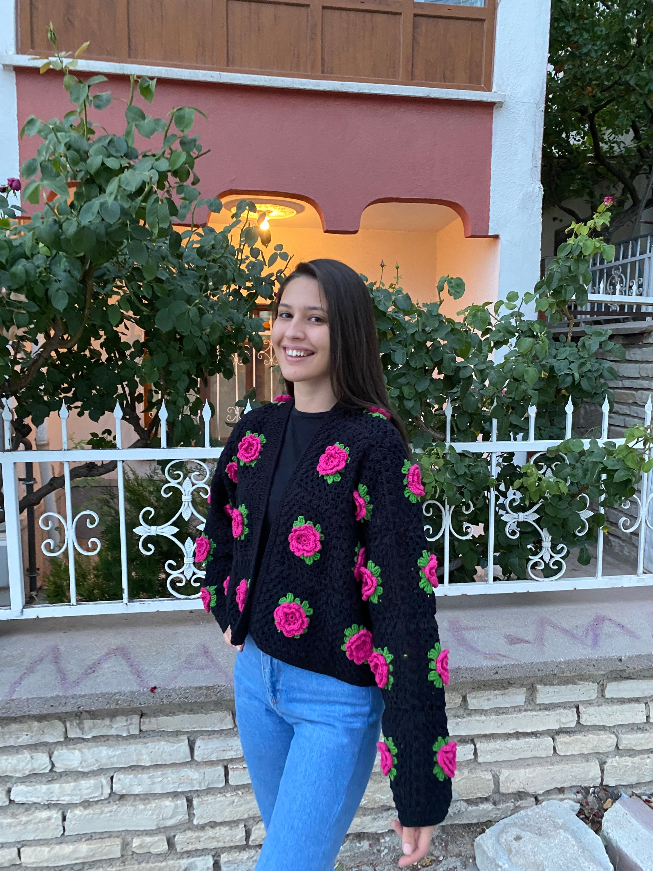 Red Rose Cardigan, Granny Square Sweater, Unique Cardigan, Floral Sweater, Crochet Rose Cardigan,... — photo 5 of 10