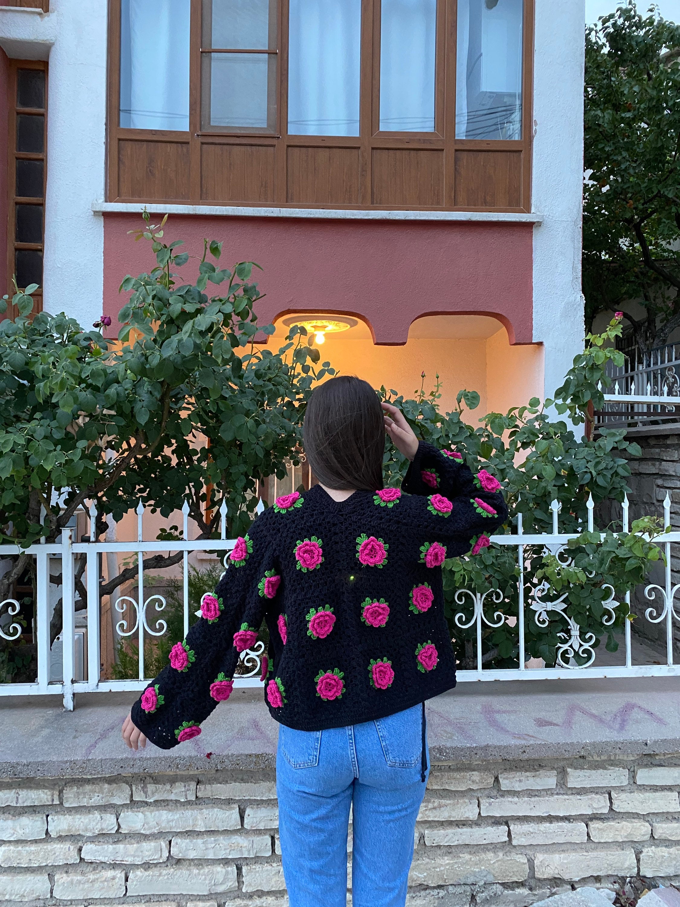 Red Rose Cardigan, Granny Square Sweater, Unique Cardigan, Floral Sweater, Crochet Rose Cardigan,... — photo 7 of 10