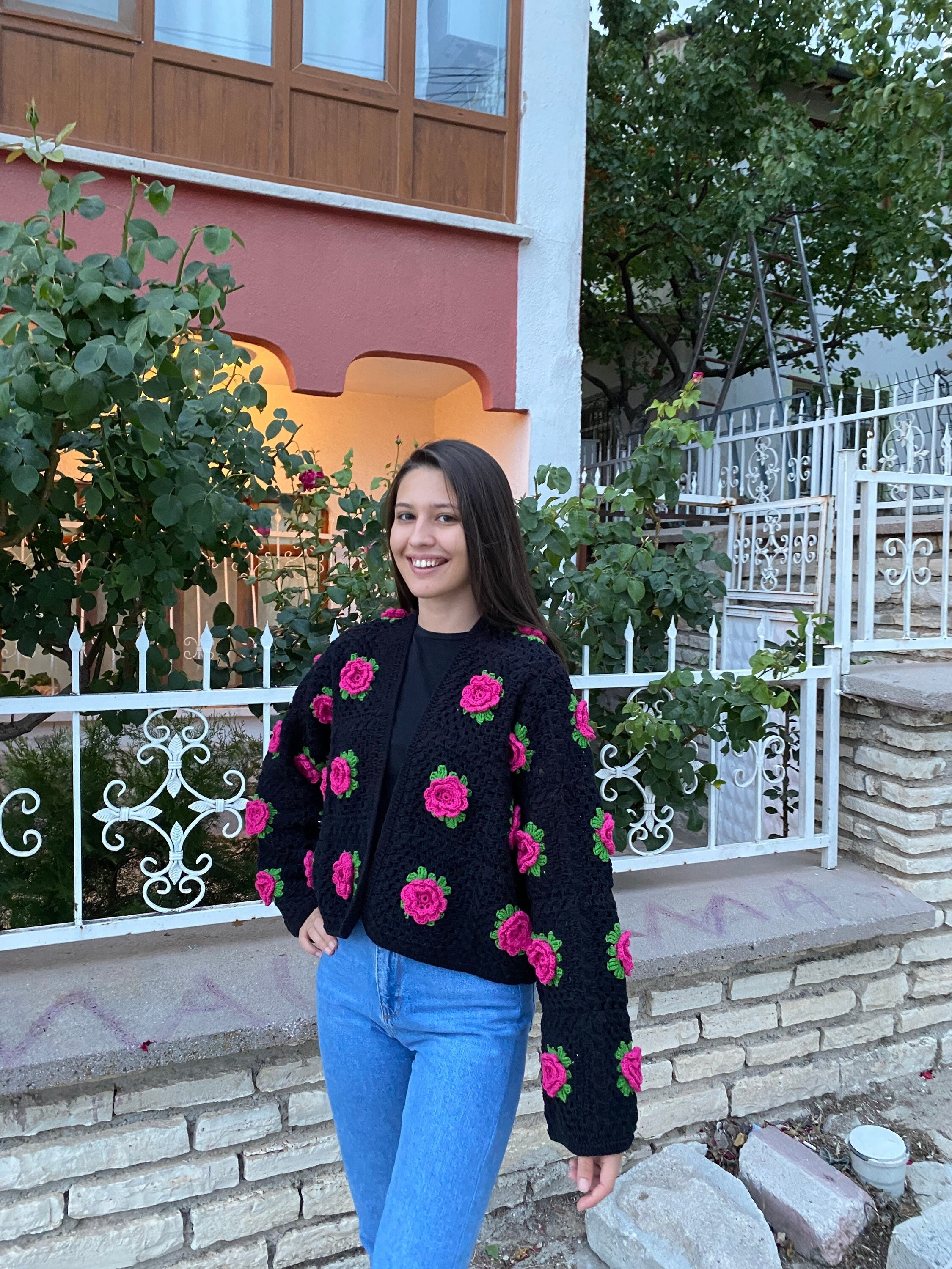 Red Rose Cardigan, Granny Square Sweater, Unique Cardigan, Floral Sweater, Crochet Rose Cardigan,... — photo 4 of 10