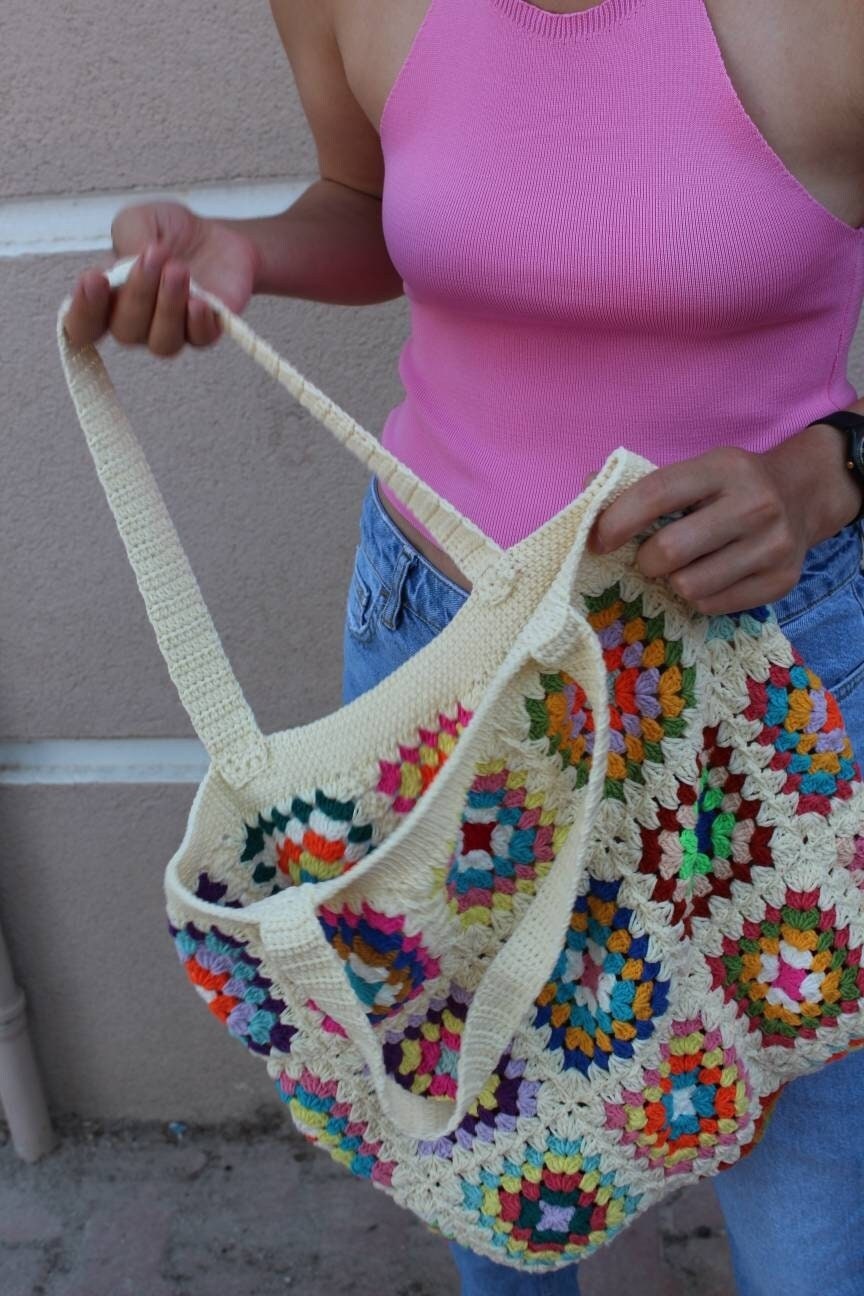 Soft Cream Beach Bag, Vintage Style Crochet Perfect Hobo, Unique Granny Square Design, Retro Summ... — photo 2 of 10