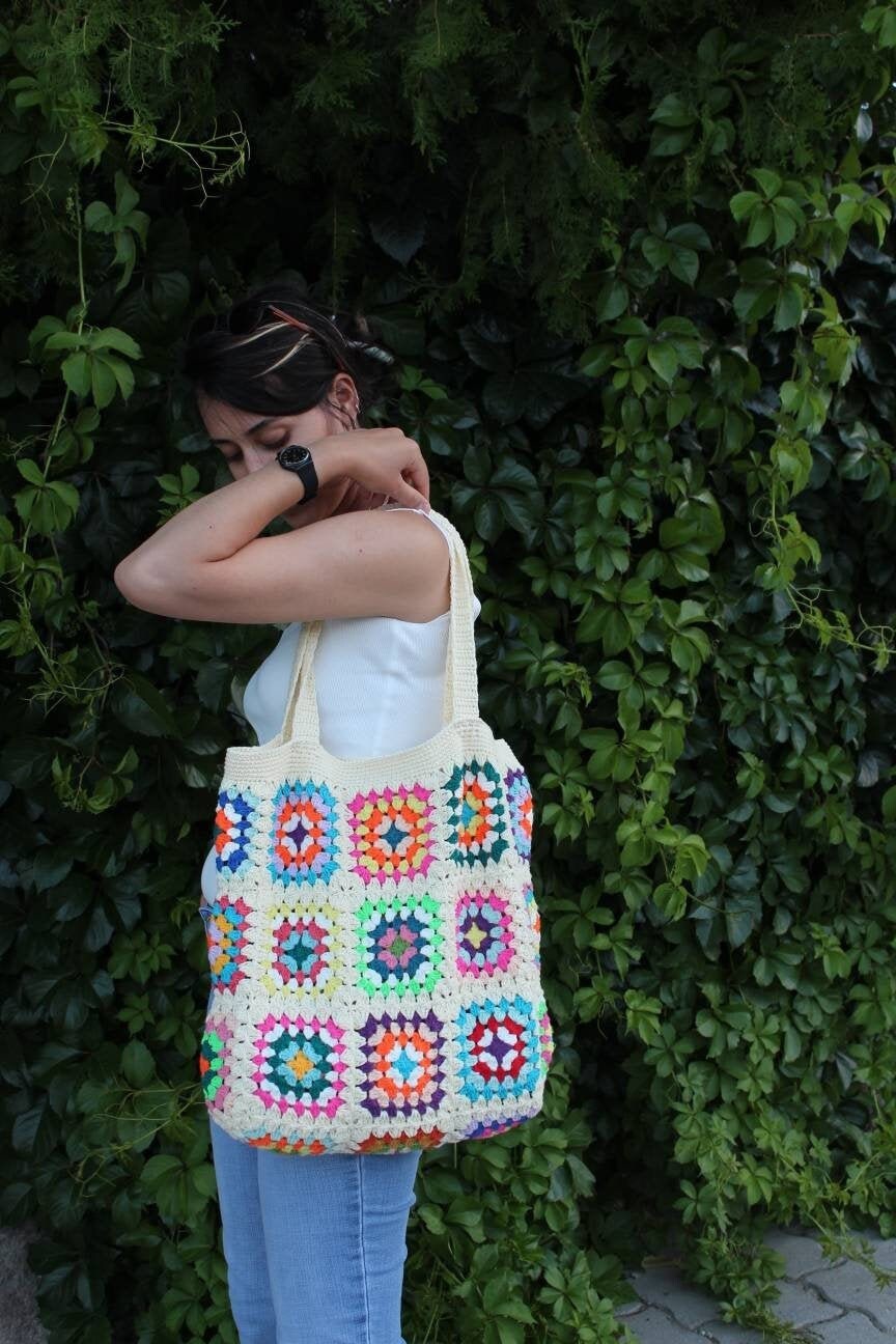 Soft Cream Beach Bag, Vintage Style Crochet Perfect Hobo, Unique Granny Square Design, Retro Summ... — photo 7 of 10