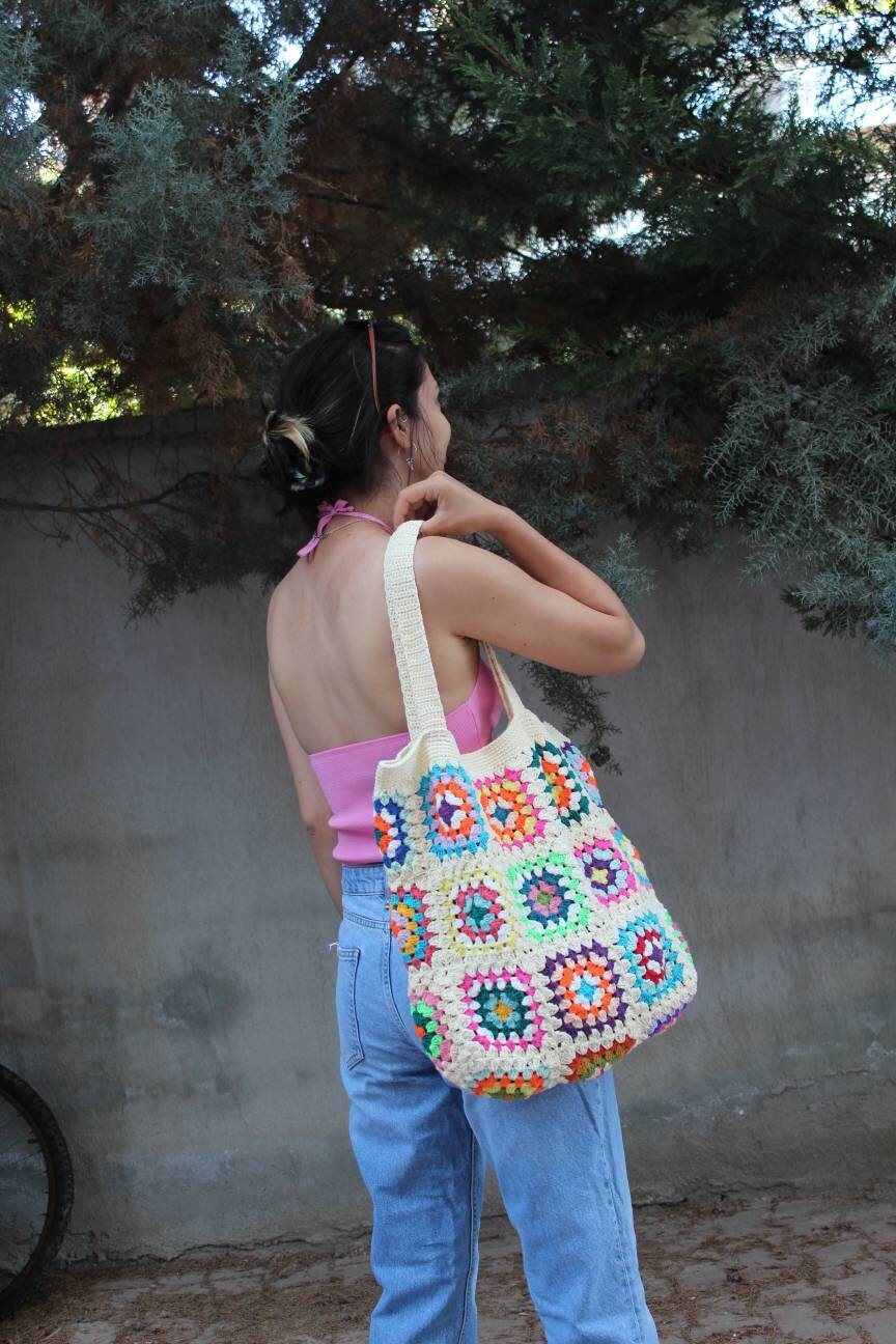 Soft Cream Beach Bag, Vintage Style Crochet Perfect Hobo, Unique Granny Square Design, Retro Summ... — photo 6 of 10