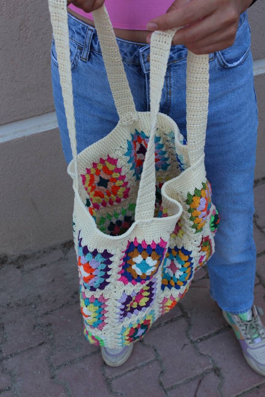 Soft Cream Beach Bag, Vintage Style Crochet Perfect Hobo, Unique Granny Square Design, Retro Summ... — photo 5 of 10