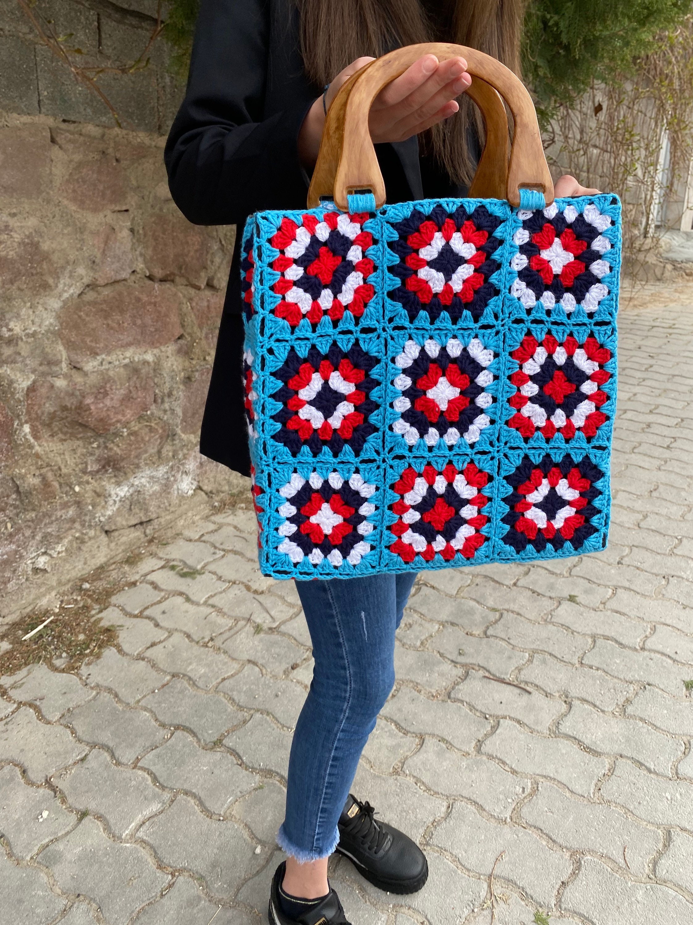 Top Handle Bag, Granny Square Bag, Afghan Crochet Purse, Crochet Tote Bag, Vintage Style, Boho Pu... — photo 6 of 13