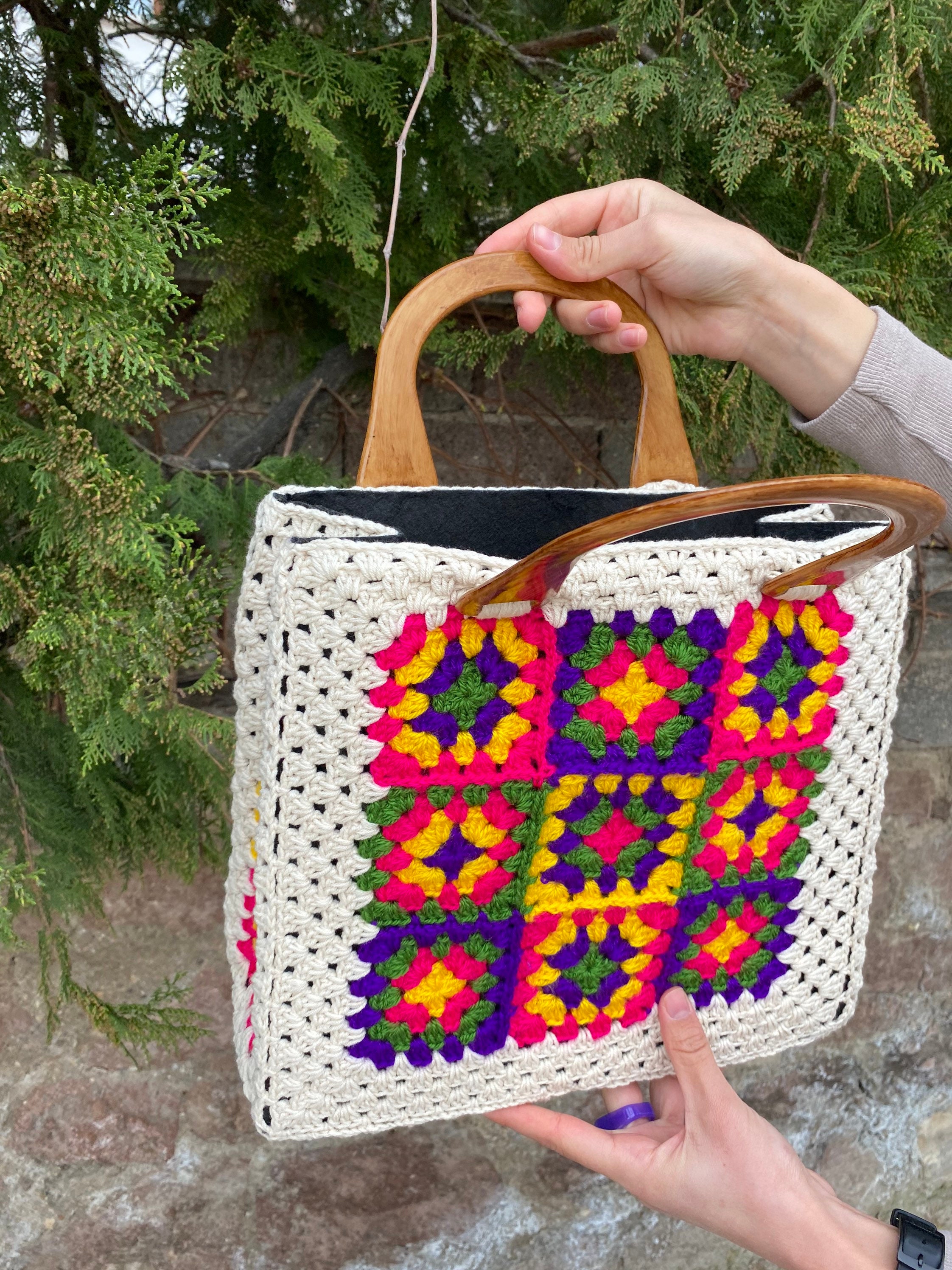Top Handle Bag, Granny Square Bag, Afghan Crochet Purse, Crochet Tote Bag, Vintage Style, Boho Pu... — photo 3 of 13