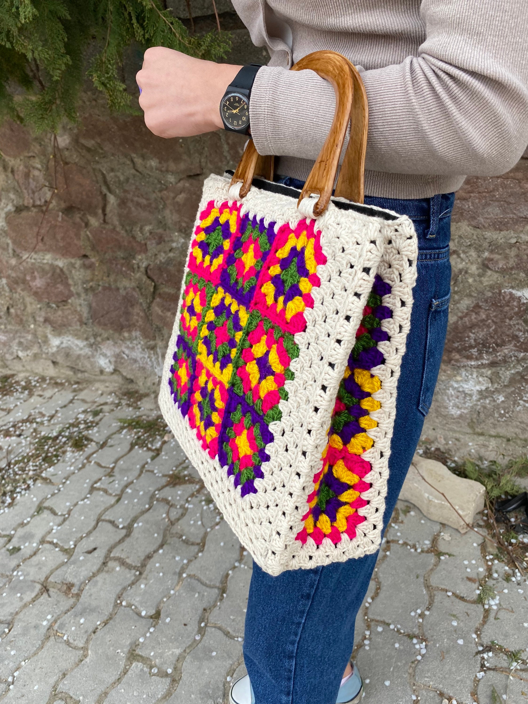 Top Handle Bag, Granny Square Bag, Afghan Crochet Purse, Crochet Tote Bag, Vintage Style, Boho Pu... — photo 5 of 12