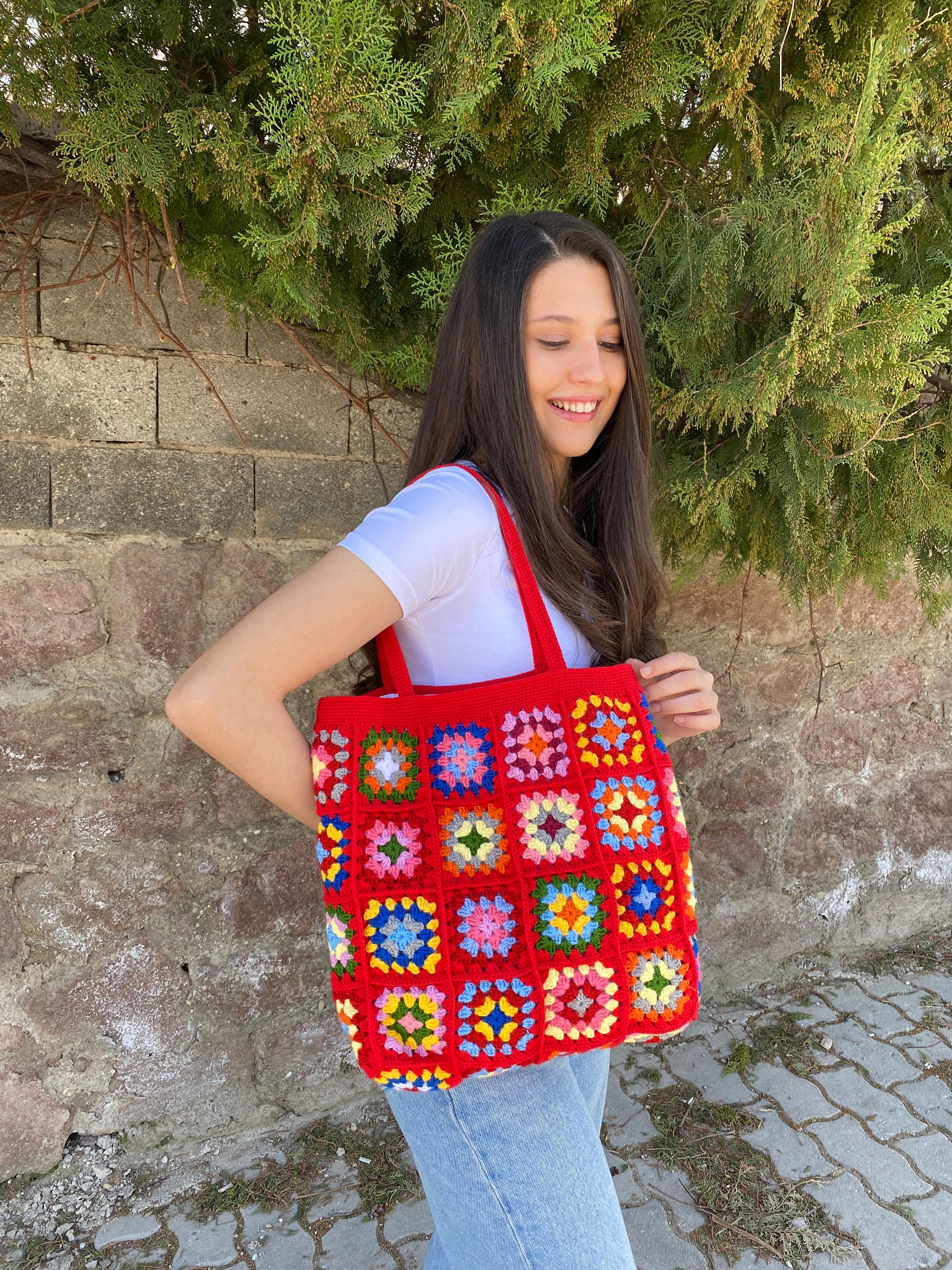 Unique Red Beach Bag, Crochet Boho Chic Tote, Bohemian Style Shoulder Purse, Vintage Festival Sty... — photo 6 of 10
