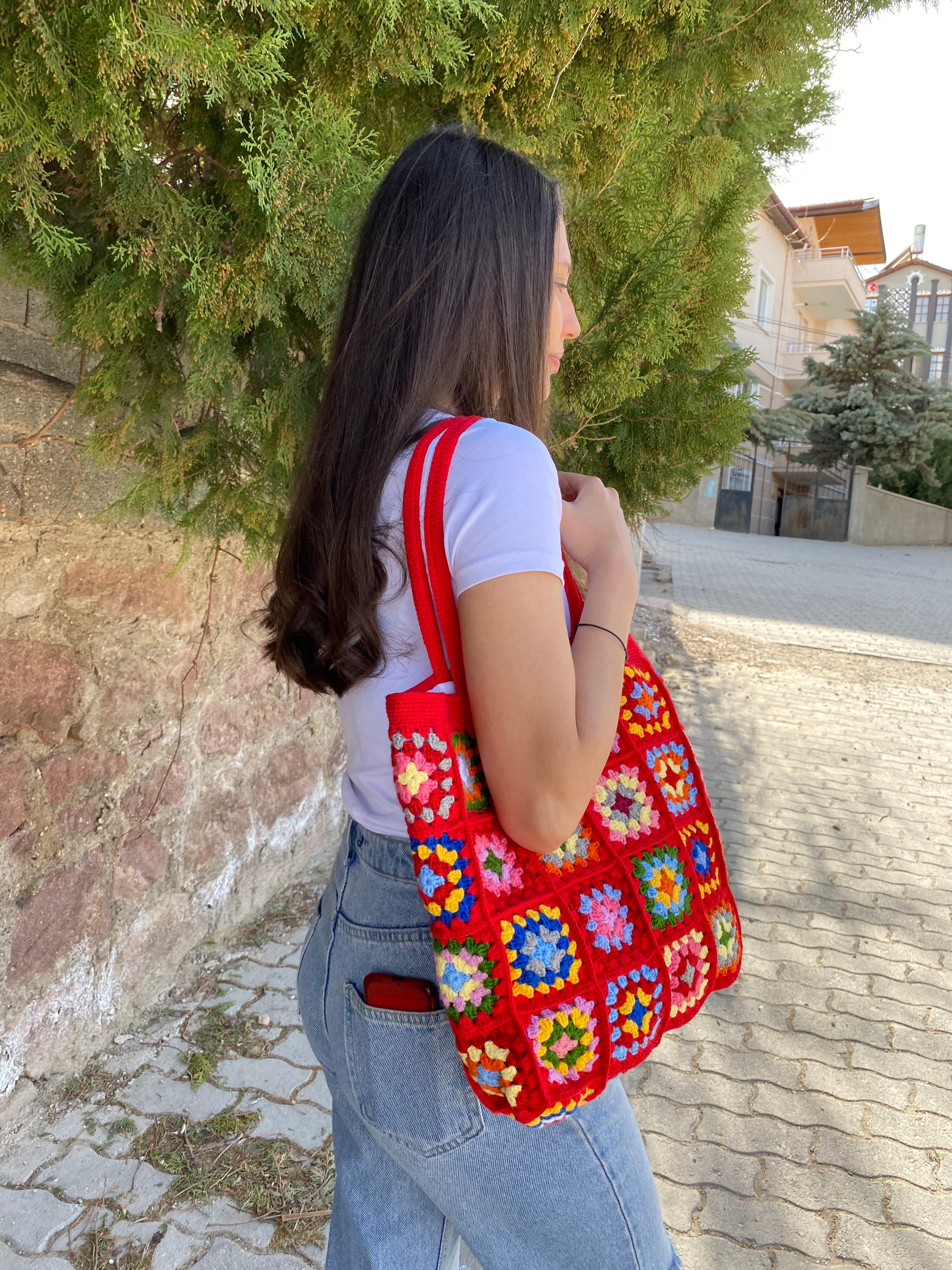 Unique Red Beach Bag, Crochet Boho Chic Tote, Bohemian Style Shoulder Purse, Vintage Festival Sty... — photo 4 of 10