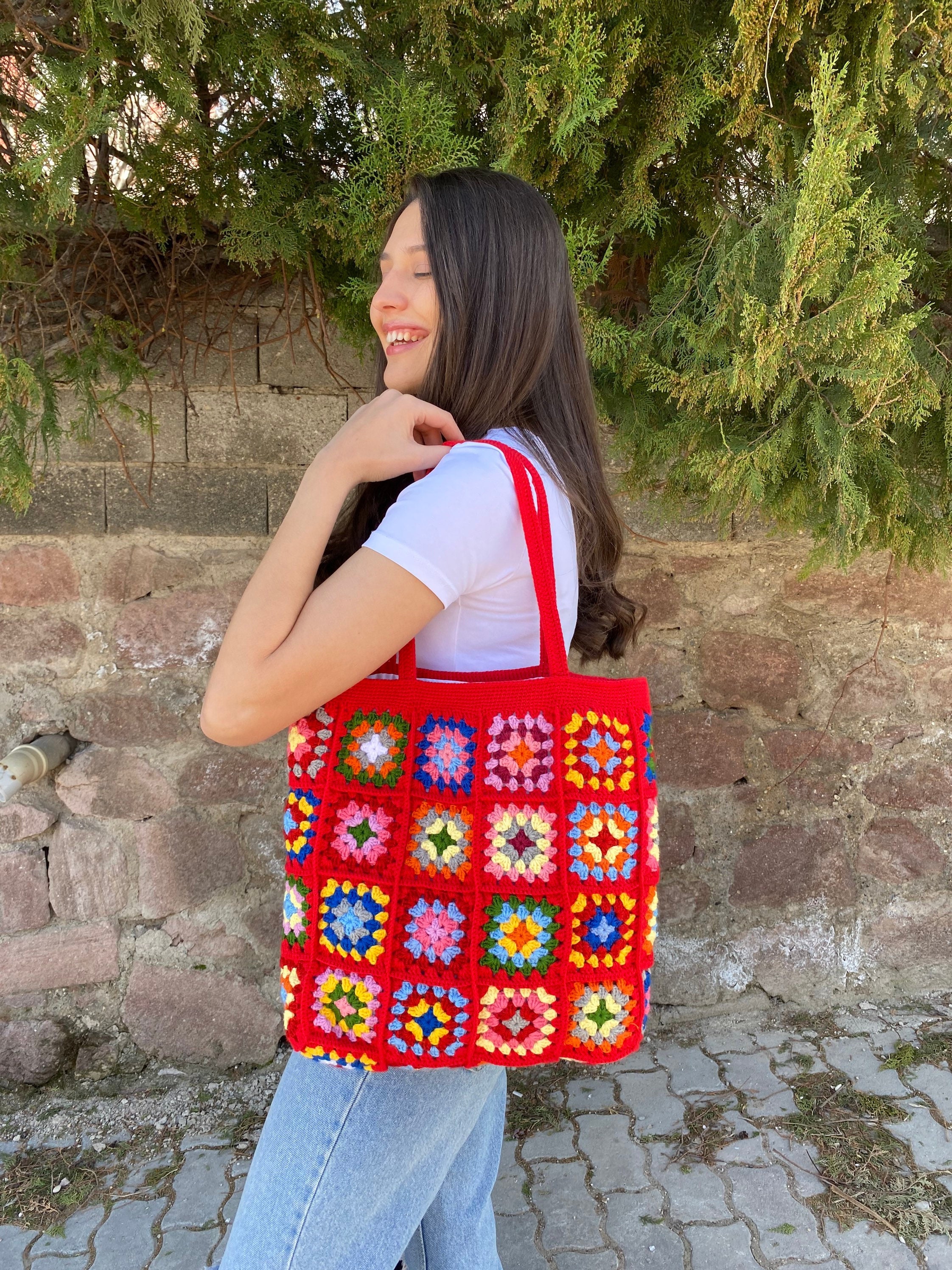 Unique Red Beach Bag, Crochet Boho Chic Tote, Bohemian Style Shoulder Purse, Vintage Festival Sty... — photo 7 of 10