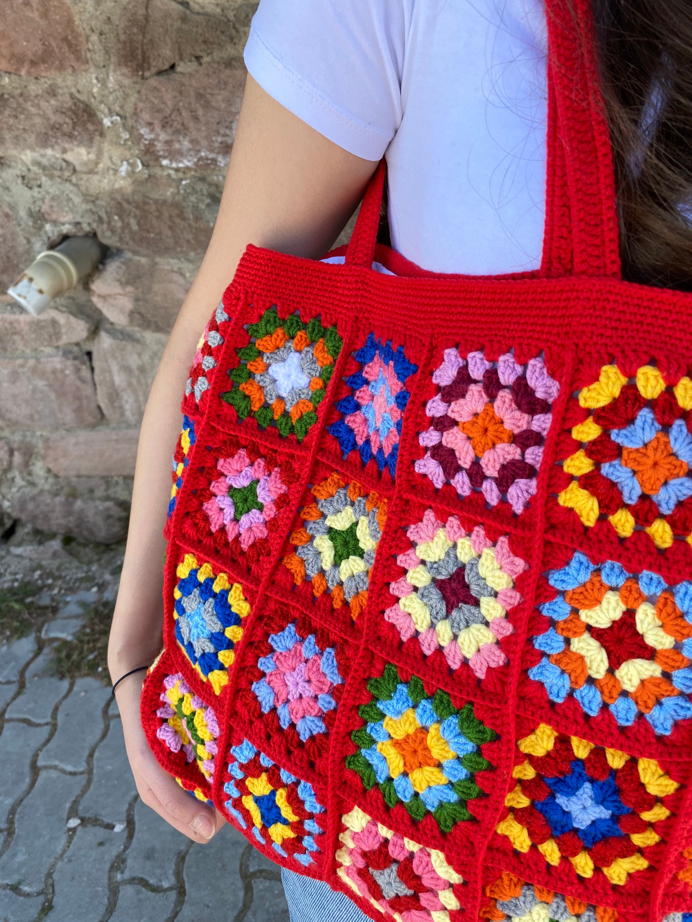 Unique Red Beach Bag, Crochet Boho Chic Tote, Bohemian Style Shoulder Purse, Vintage Festival Stylish Knit Bag, Vibrant Granny Square Design