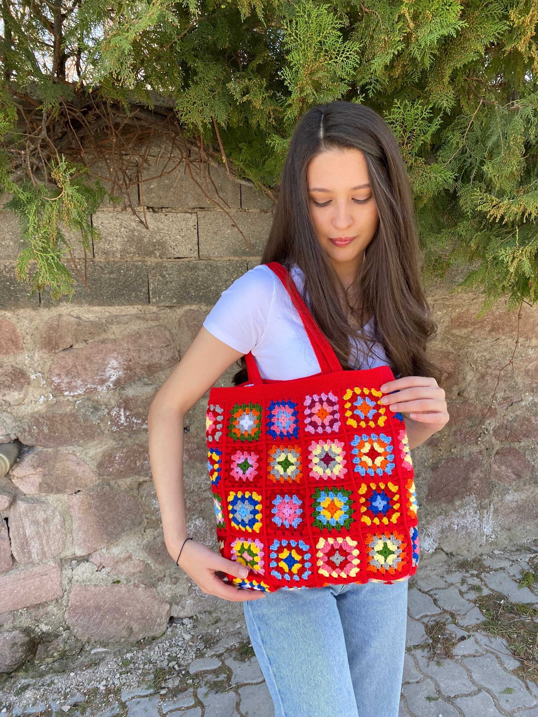 Unique Red Beach Bag, Crochet Boho Chic Tote, Bohemian Style Shoulder Purse, Vintage Festival Sty... — photo 5 of 10